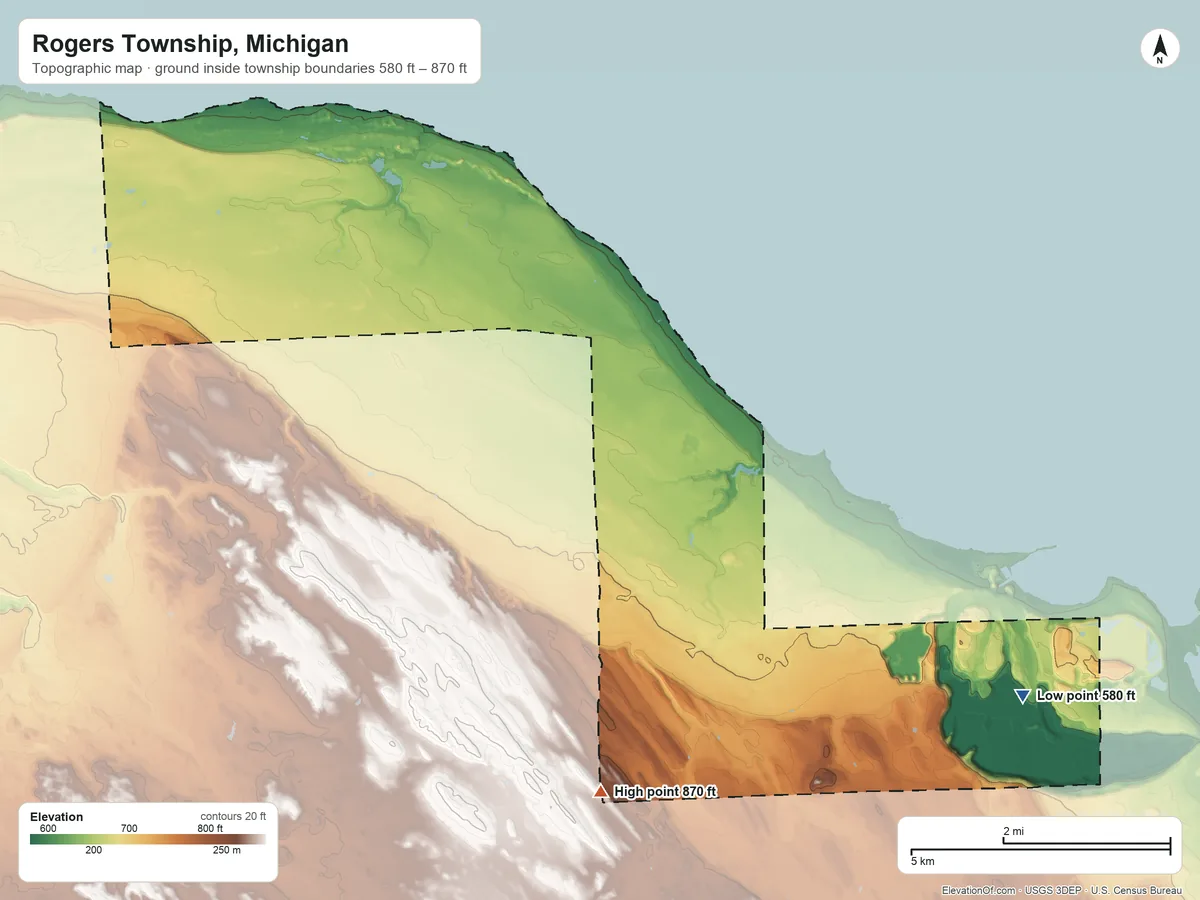 Topographic elevation map of Rogers Township, Michigan, shaded from 580 ft on the southeast side to 870 ft on the south side