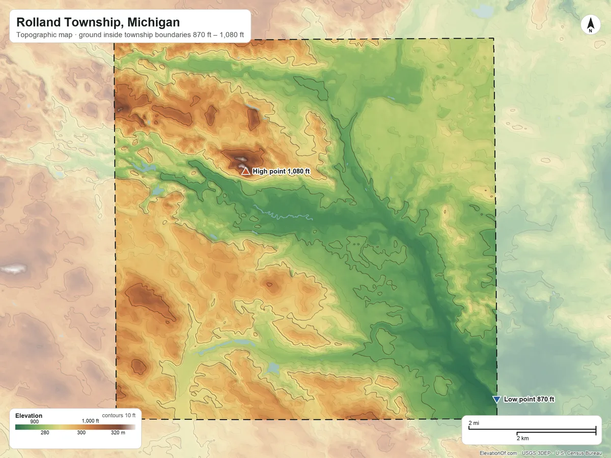 Topographic elevation map of Rolland Township, Michigan, shaded from 870 ft on the southeast side to 1,080 ft near the middle