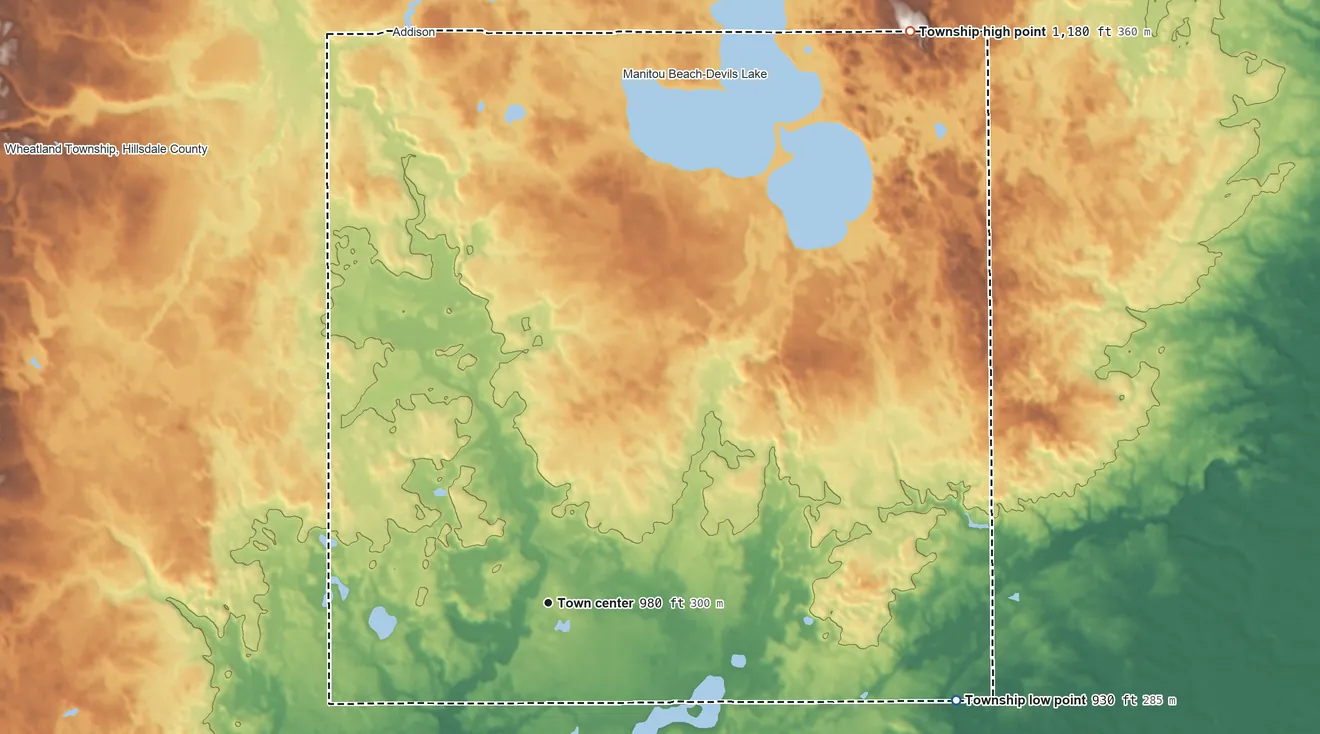 Topographic elevation map of Rollin Township, Michigan, shaded from 930 ft on the east side to 1,180 ft on the northeast side