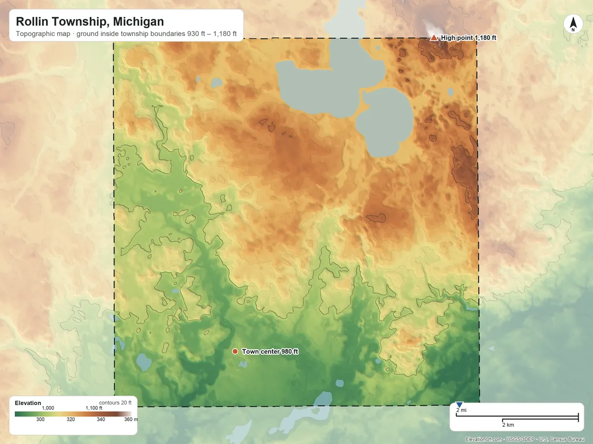 Topographic elevation map of Rollin Township, Michigan, shaded from 930 ft on the east side to 1,180 ft on the northeast side