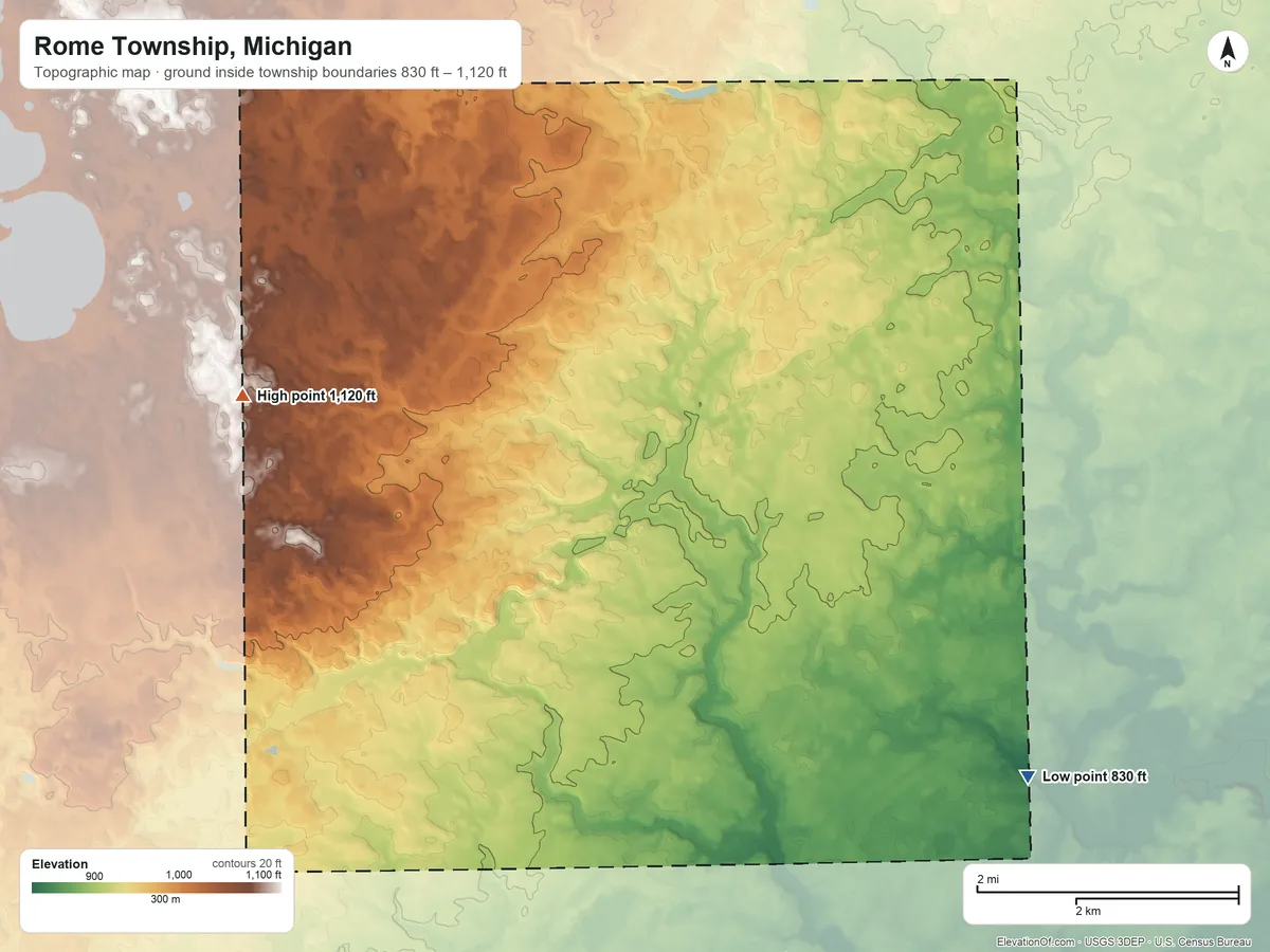 Topographic elevation map of Rome Township, Michigan, shaded from 830 ft on the southeast side to 1,120 ft on the west side