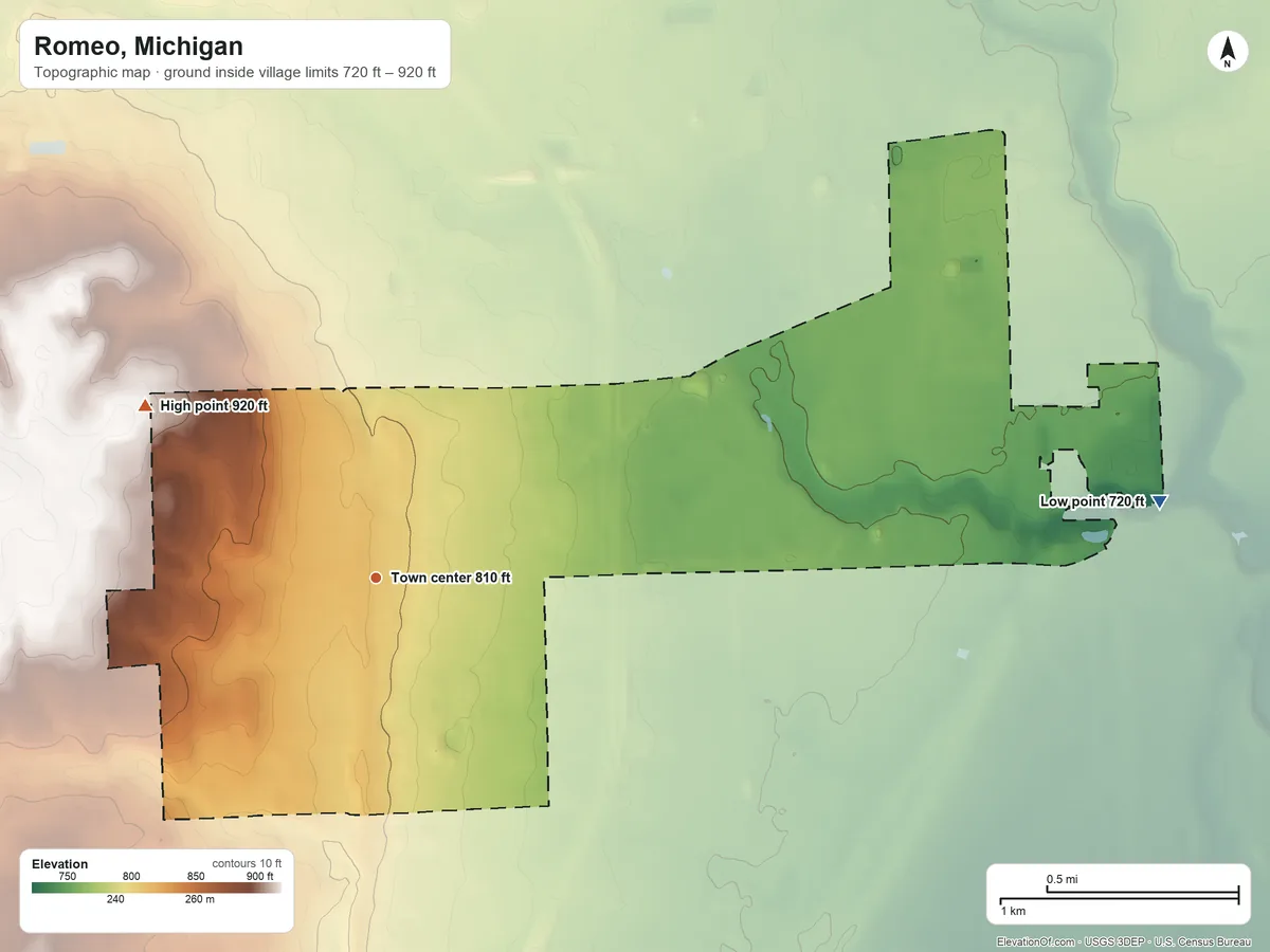 Topographic elevation map of Romeo, Michigan, shaded from 720 ft on the east side to 920 ft on the northwest side