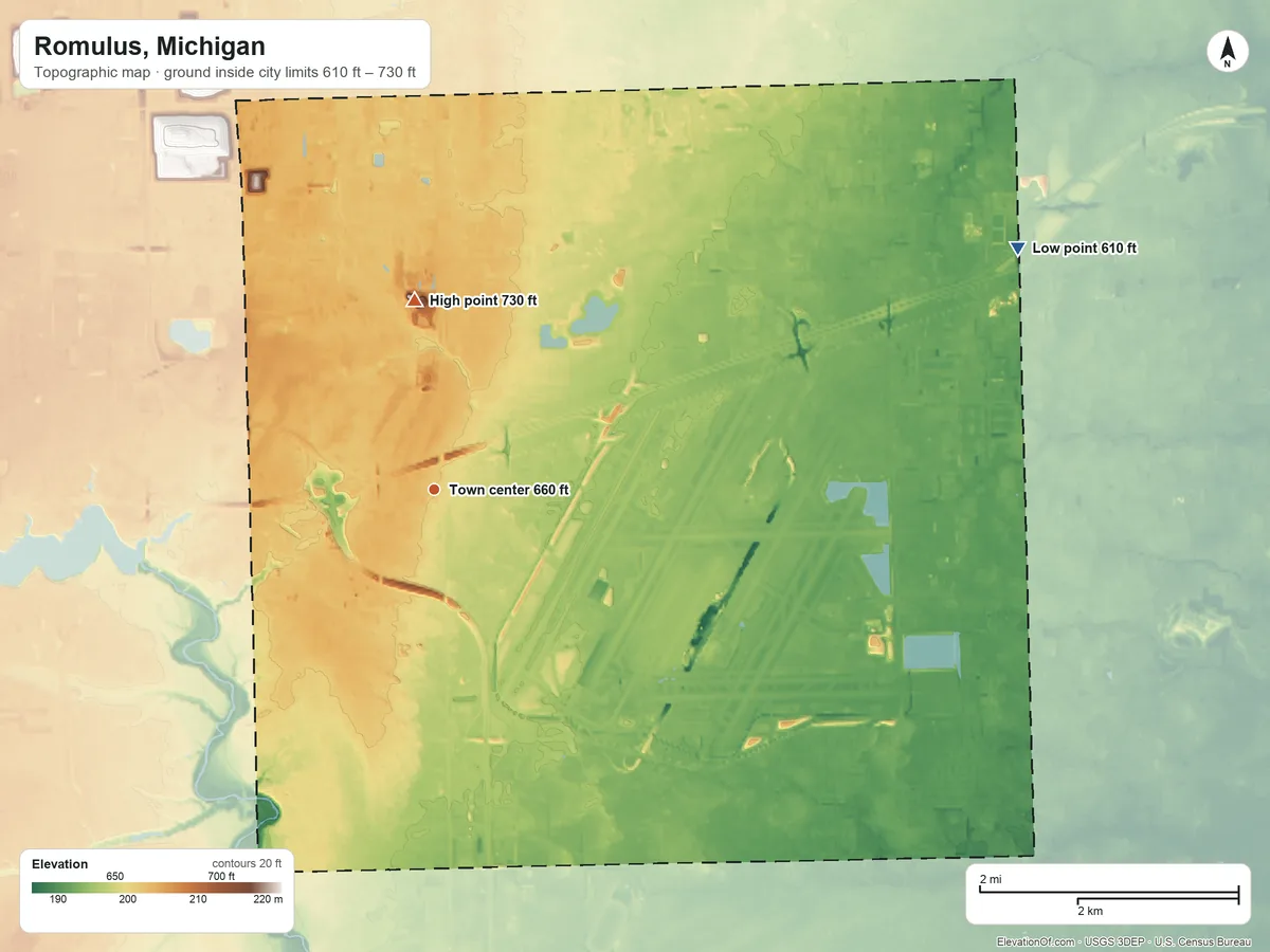 Topographic elevation map of Romulus, Michigan, shaded from 610 ft on the northeast side to 730 ft on the north side
