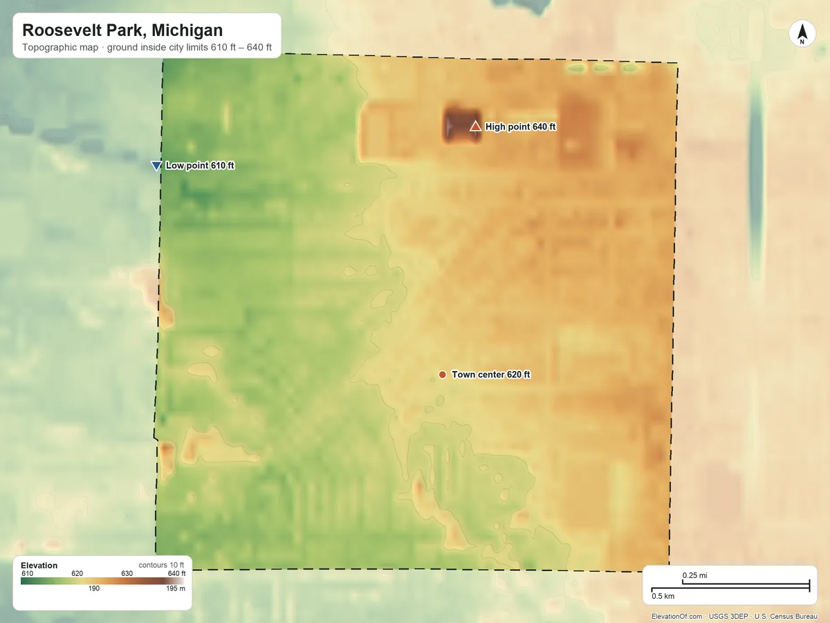 Topographic elevation map of Roosevelt Park, Michigan, shaded from 610 ft on the northwest side to 640 ft on the north side
