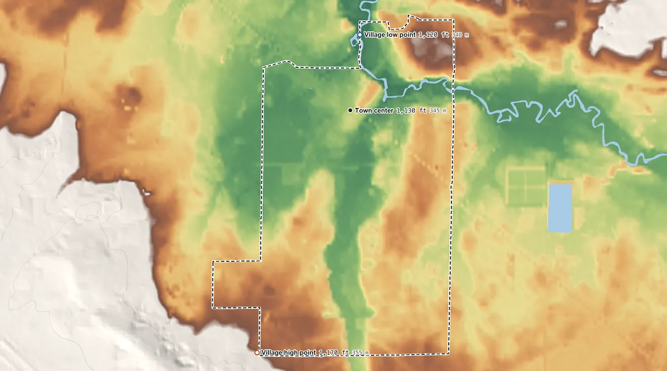 Topographic elevation map of Roscommon, Michigan, shaded from 1,120 ft on the north side to 1,170 ft on the south side