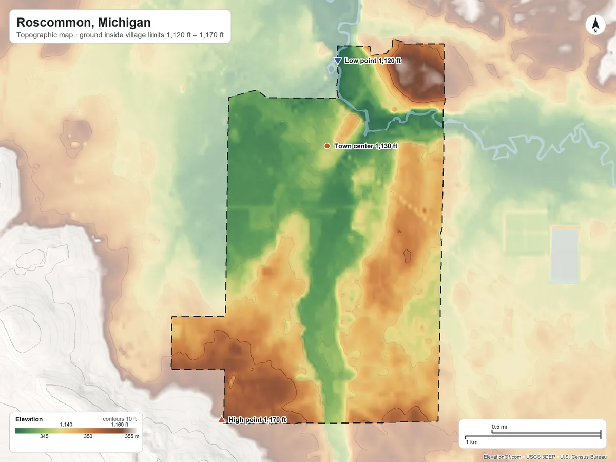 Topographic elevation map of Roscommon, Michigan, shaded from 1,120 ft on the north side to 1,170 ft on the south side