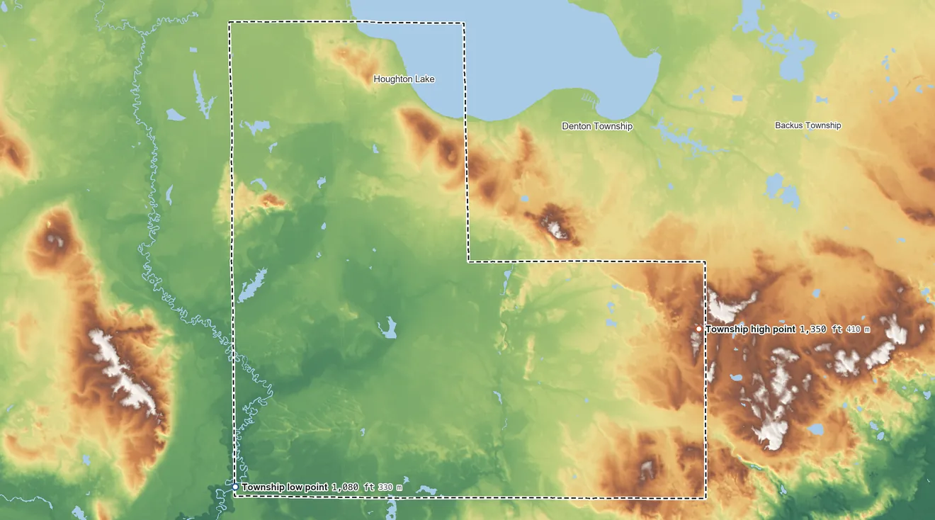 Topographic elevation map of Roscommon Township, Michigan, shaded from 1,080 ft on the southwest side to 1,350 ft on the southeast side