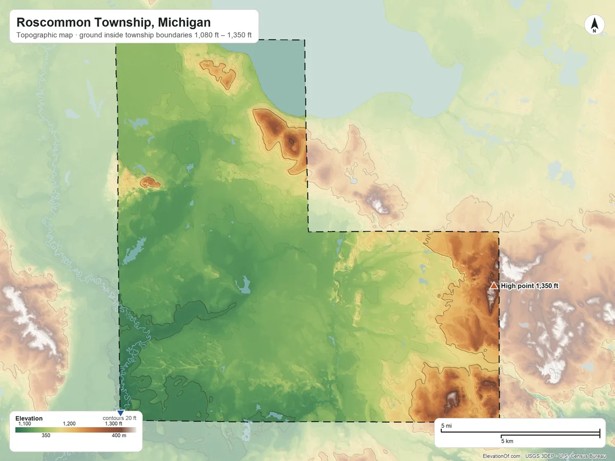 Topographic elevation map of Roscommon Township, Michigan, shaded from 1,080 ft on the southwest side to 1,350 ft on the southeast side