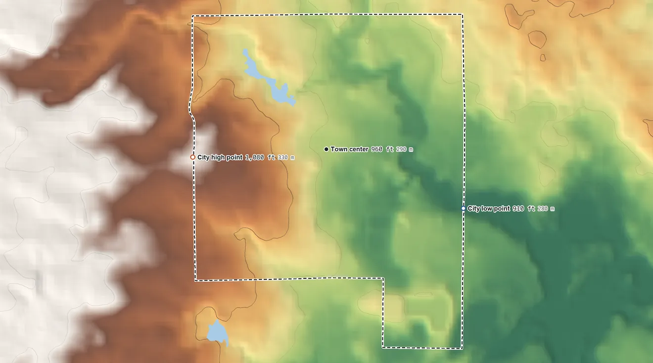 Topographic elevation map of Rose City, Michigan, shaded from 910 ft on the southeast side to 1,080 ft on the west side