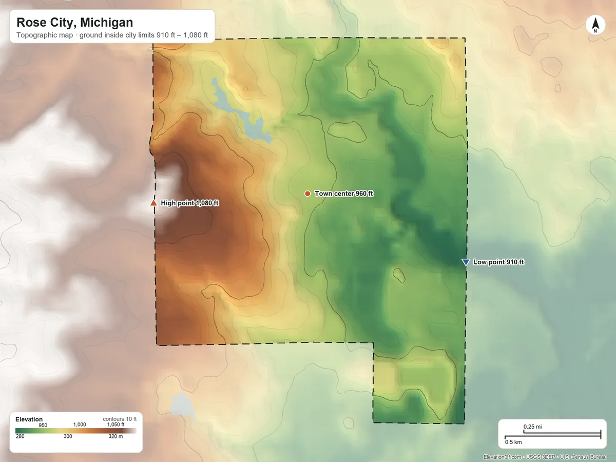 Topographic elevation map of Rose City, Michigan, shaded from 910 ft on the southeast side to 1,080 ft on the west side