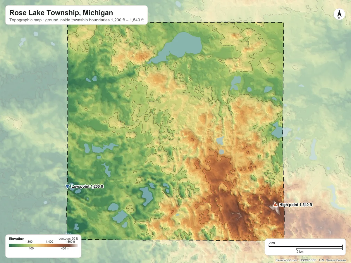 Topographic elevation map of Rose Lake Township, Michigan, shaded from 1,200 ft on the southwest side to 1,540 ft on the southeast side