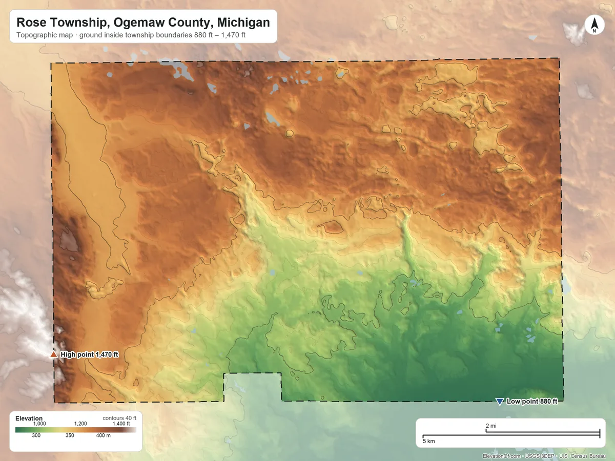 Topographic elevation map of Rose Township, Ogemaw County, Michigan, shaded from 880 ft on the southeast side to 1,470 ft on the west side
