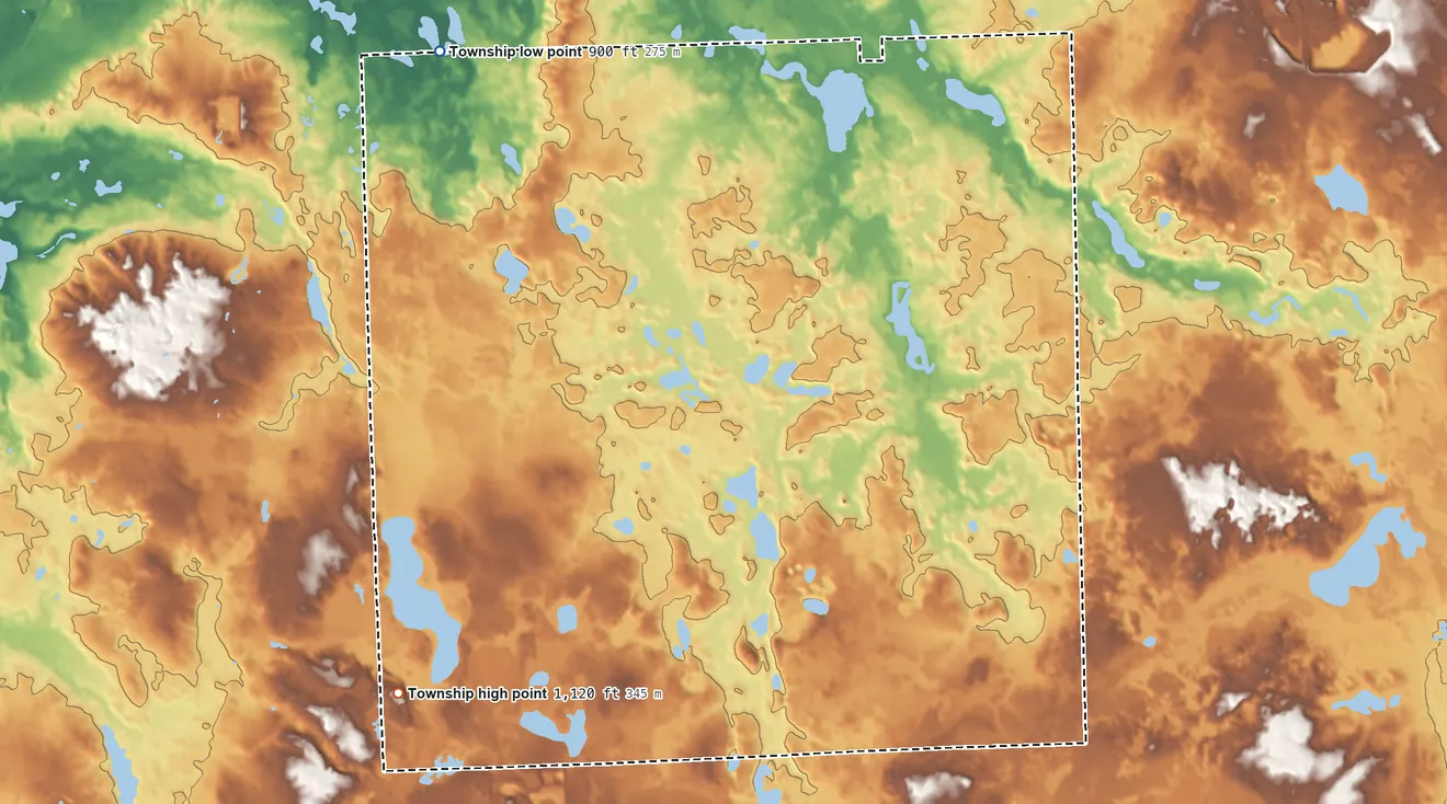 Topographic elevation map of Rose Township, Michigan, shaded from 900 ft on the northwest side to 1,120 ft on the southwest side