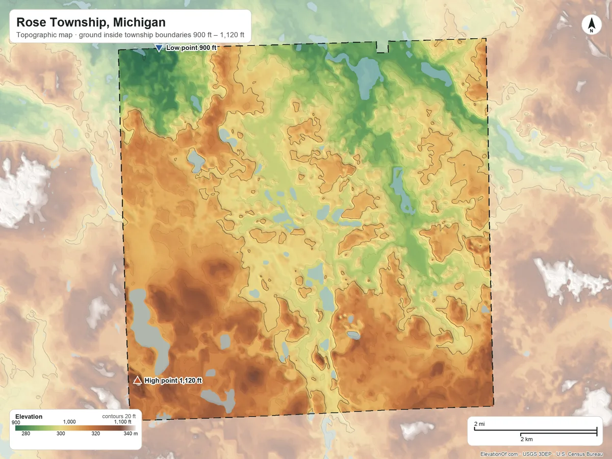 Topographic elevation map of Rose Township, Michigan, shaded from 900 ft on the northwest side to 1,120 ft on the southwest side