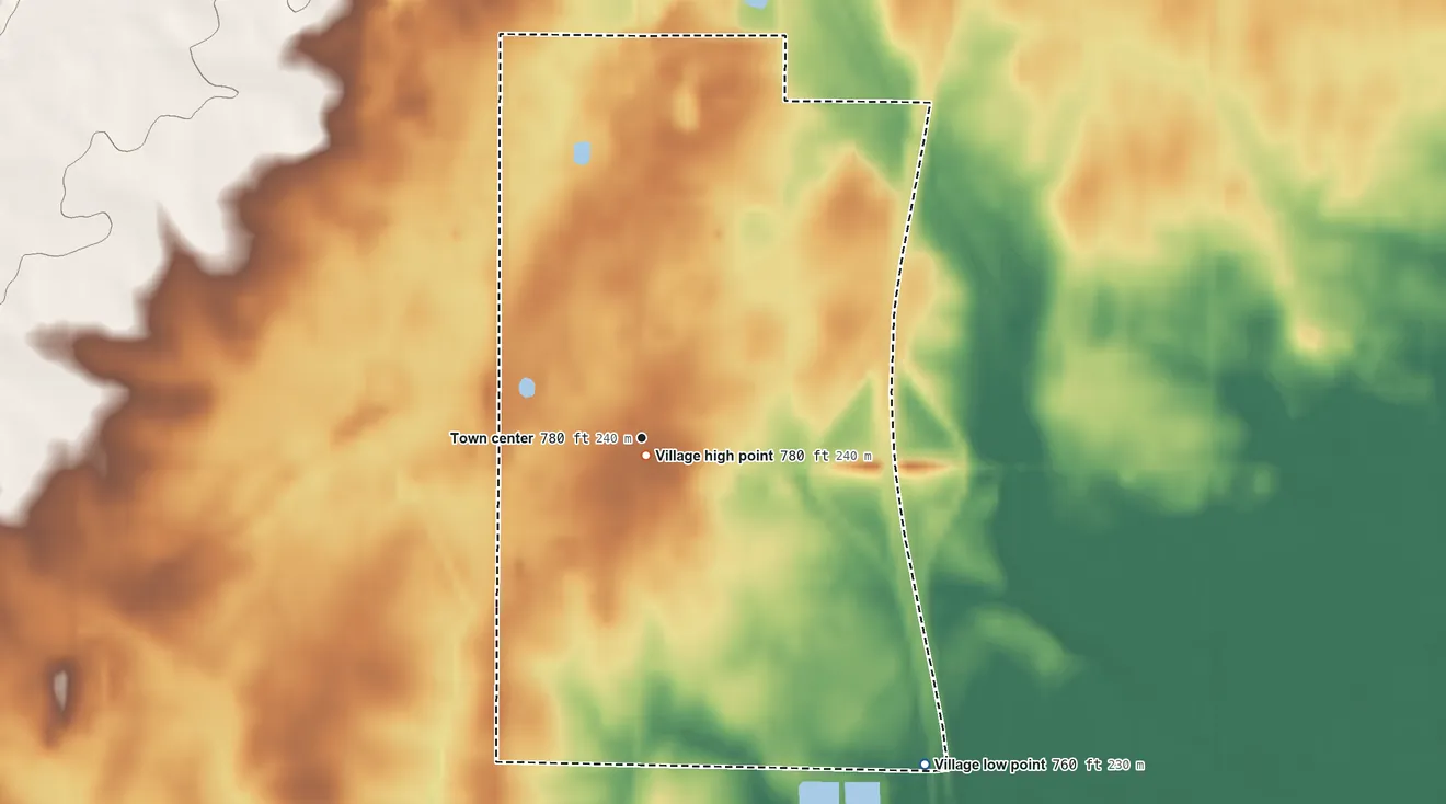 Topographic elevation map of Rosebush, Michigan, shaded from 760 ft on the southeast side to 780 ft near the middle