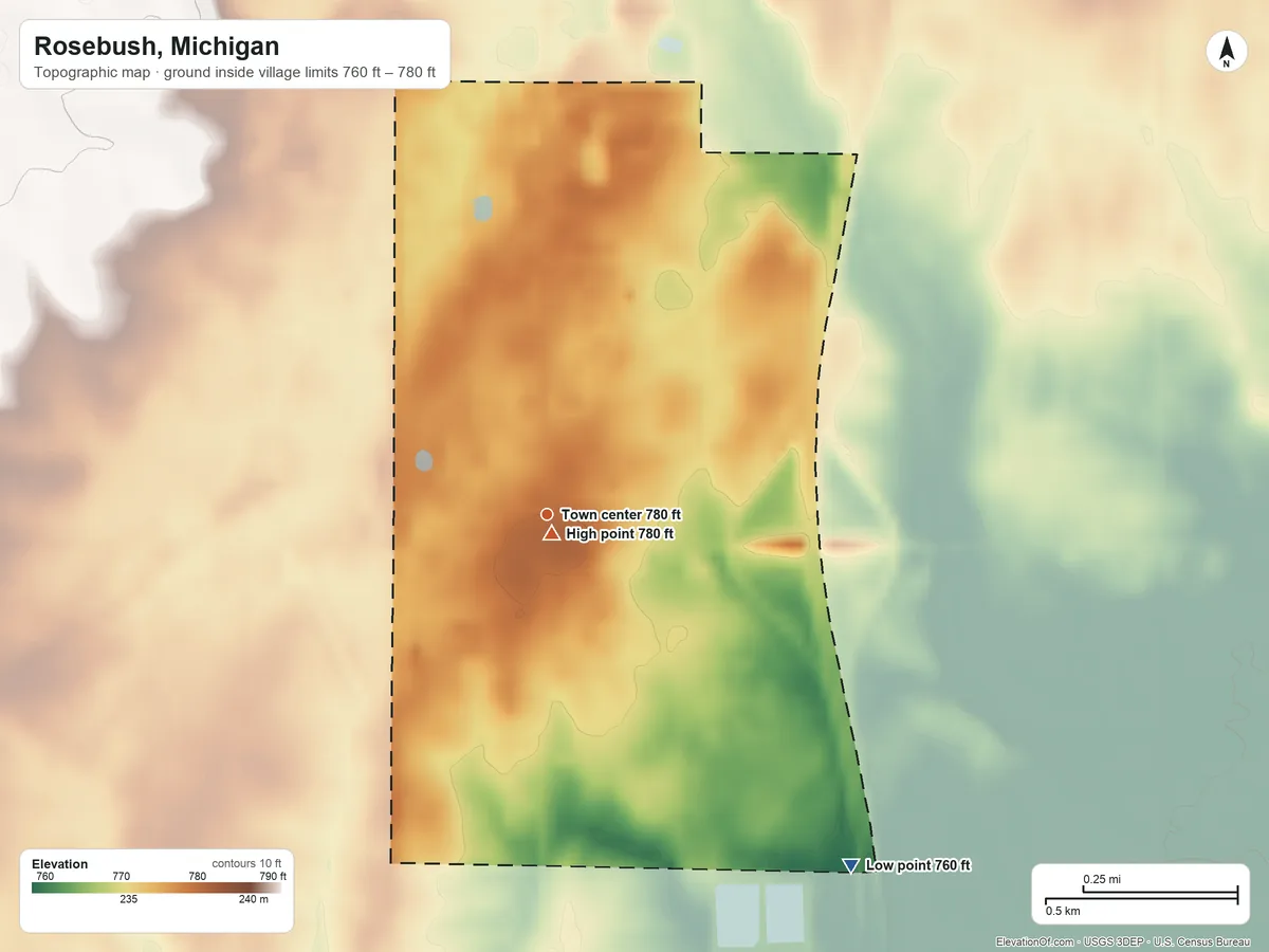 Topographic elevation map of Rosebush, Michigan, shaded from 760 ft on the southeast side to 780 ft near the middle