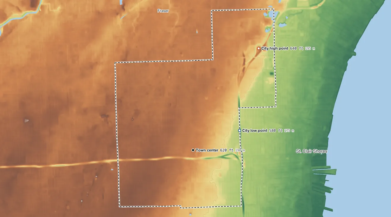Topographic elevation map of Roseville, Michigan, shaded from 580 ft on the northeast side to 640 ft on the northeast side