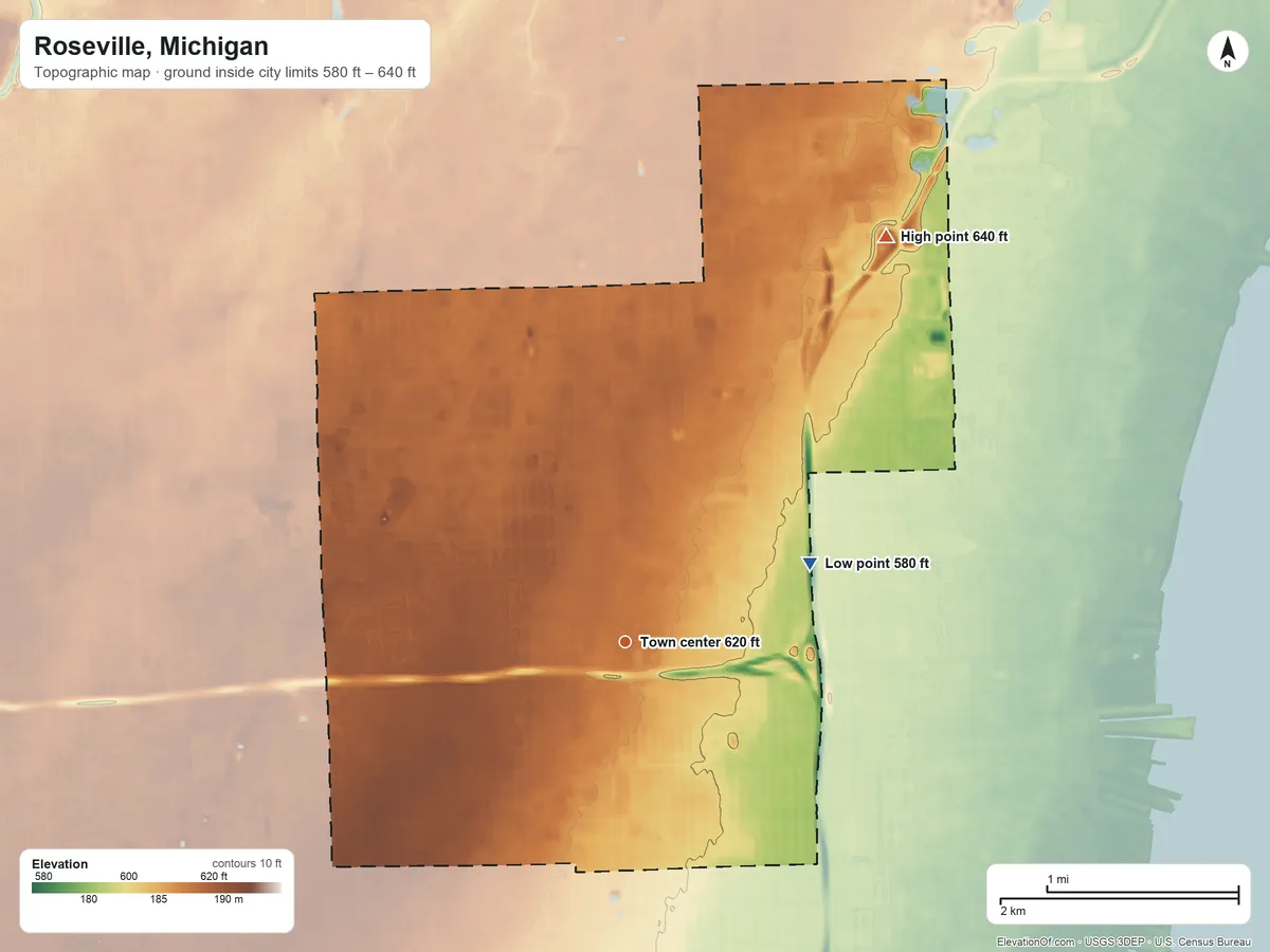 Topographic elevation map of Roseville, Michigan, shaded from 580 ft on the northeast side to 640 ft on the northeast side