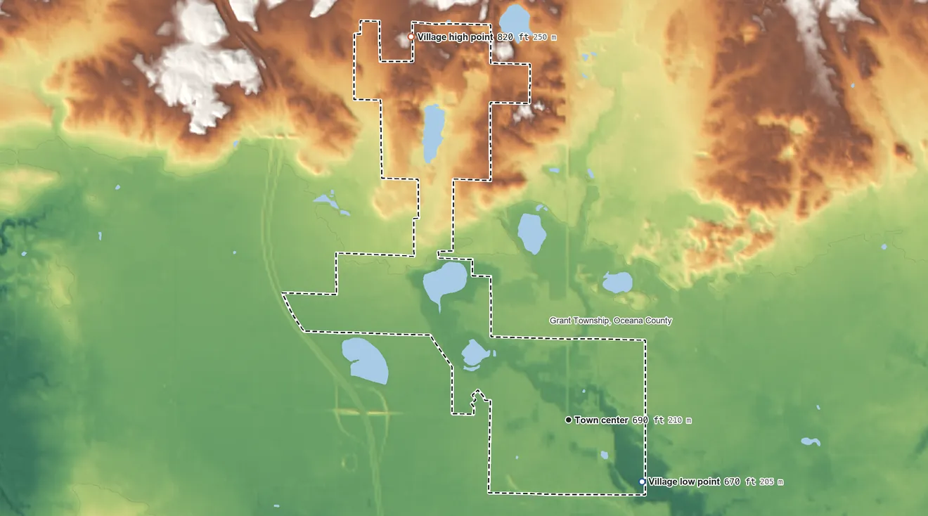 Topographic elevation map of Rothbury, Michigan, shaded from 670 ft on the southeast side to 820 ft on the north side