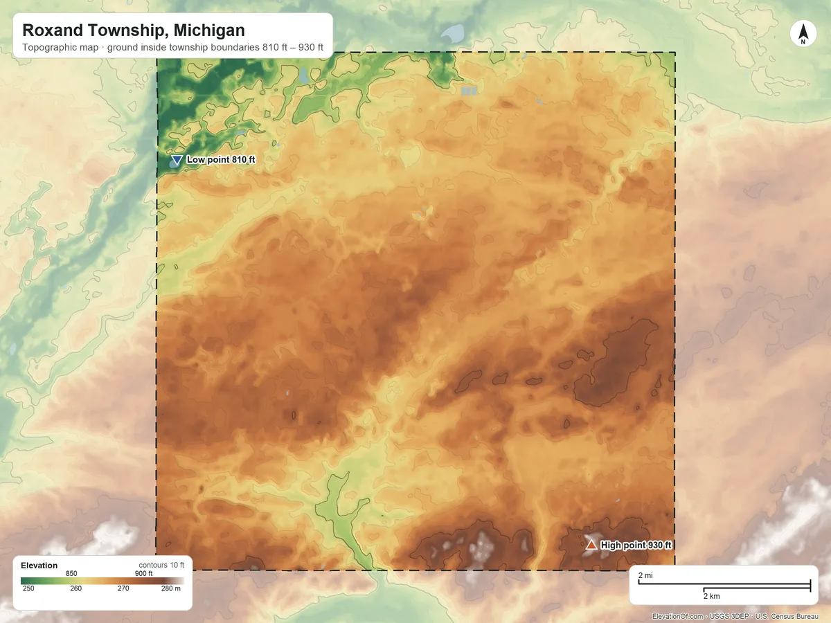 Topographic elevation map of Roxand Township, Michigan, shaded from 810 ft on the west side to 930 ft on the southeast side