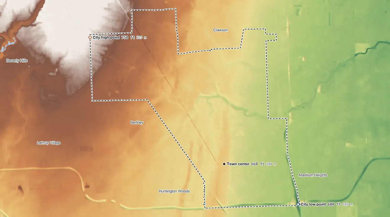 Topographic elevation map of Royal Oak, Michigan, shaded from 600 ft on the southeast side to 750 ft on the northwest side