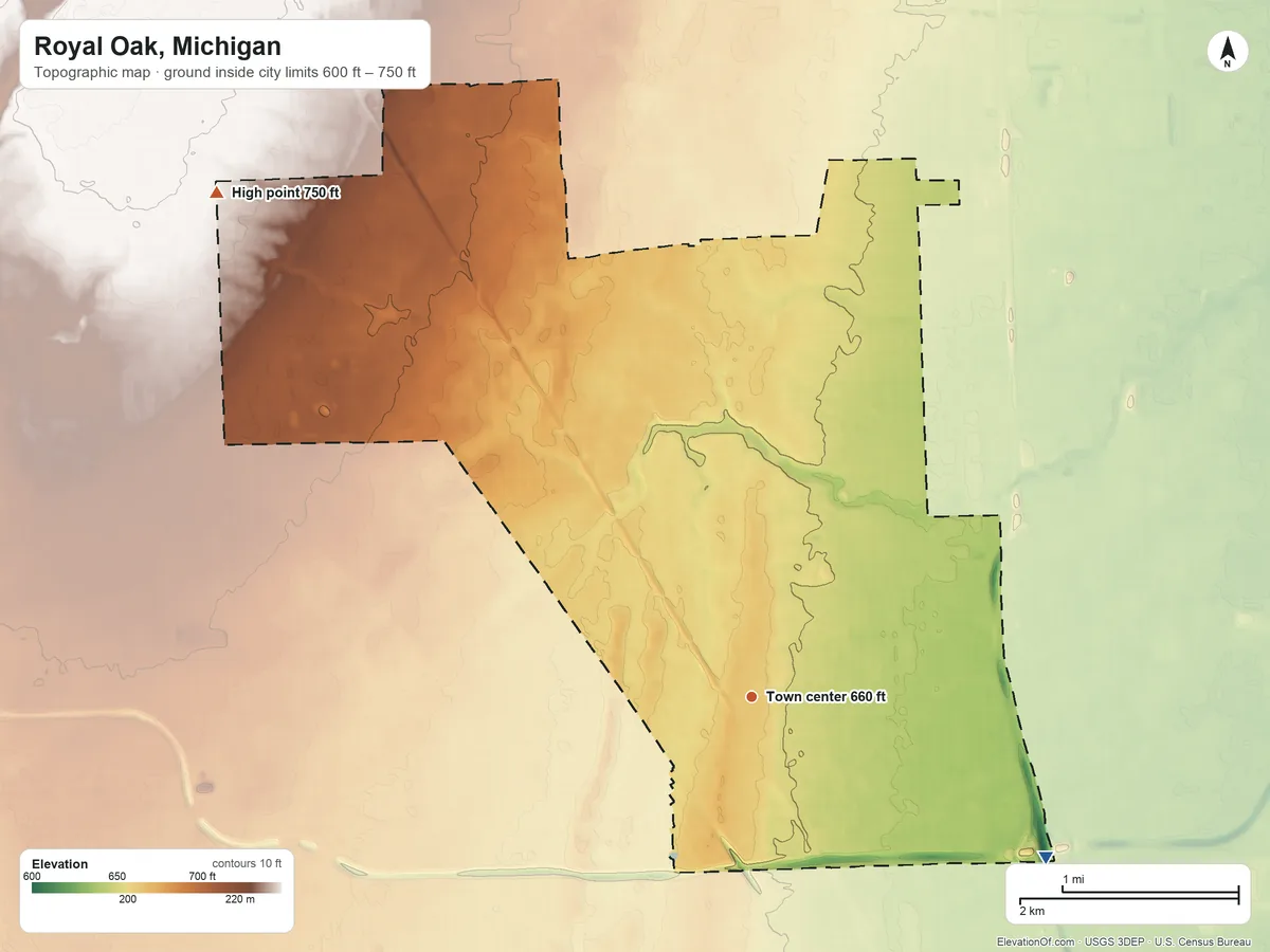 Topographic elevation map of Royal Oak, Michigan, shaded from 600 ft on the southeast side to 750 ft on the northwest side