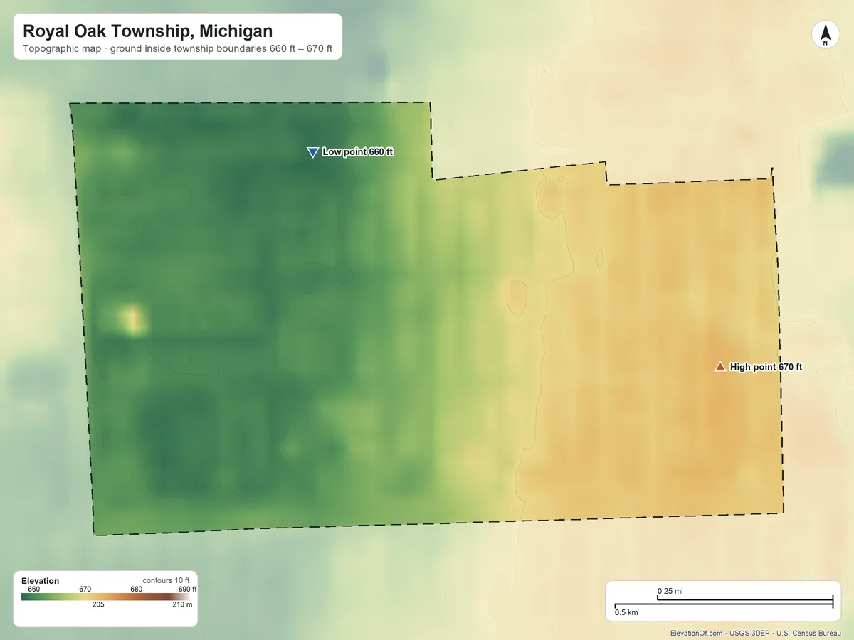 Topographic elevation map of Royal Oak Township, Michigan, shaded from 660 ft on the northwest side to 670 ft on the east side