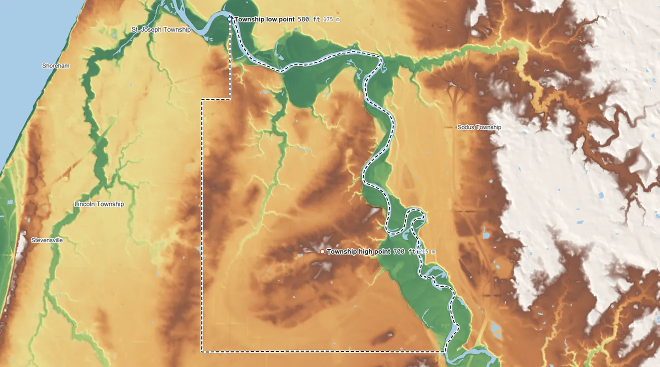 Topographic elevation map of Royalton Township, Michigan, shaded from 580 ft on the northwest side to 700 ft on the south side