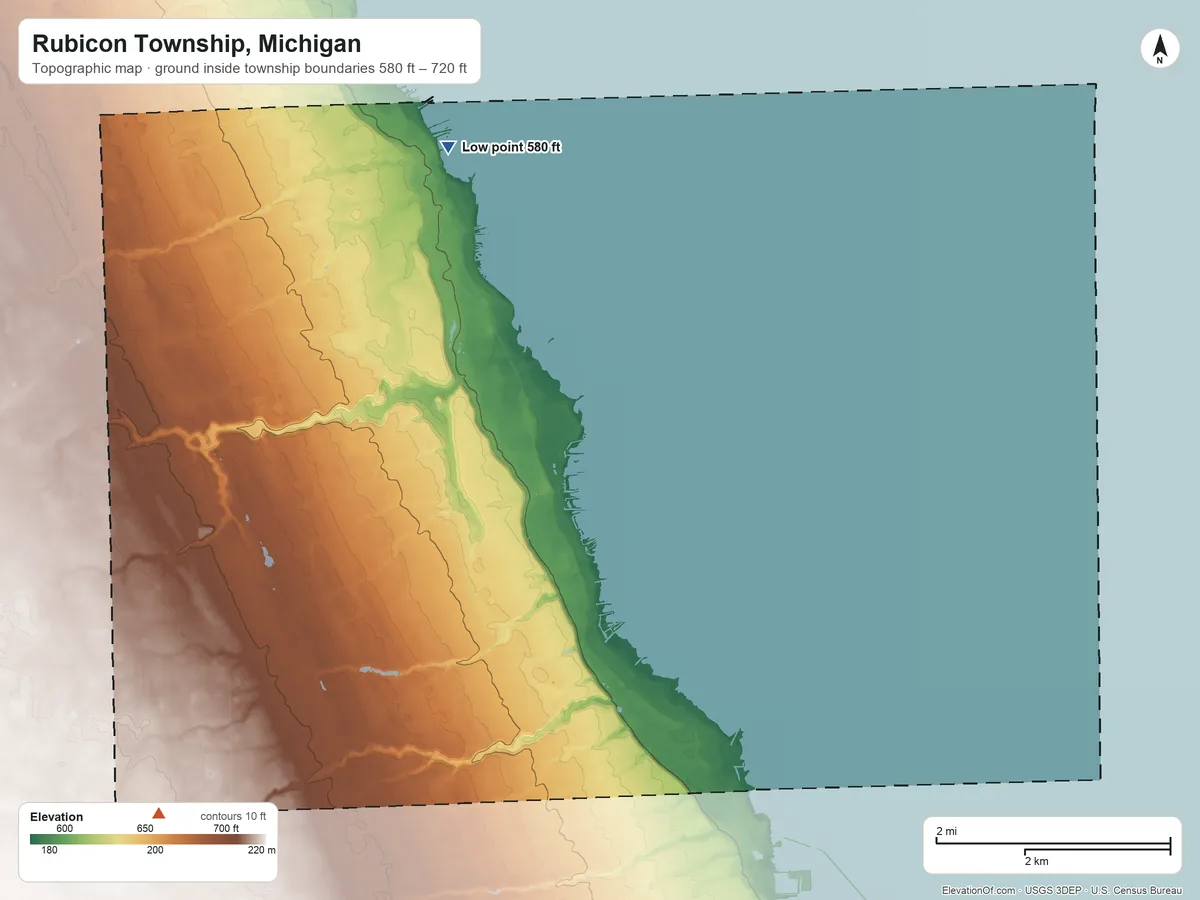 Topographic elevation map of Rubicon Township, Michigan, shaded from 580 ft on the northeast side to 720 ft on the southwest side