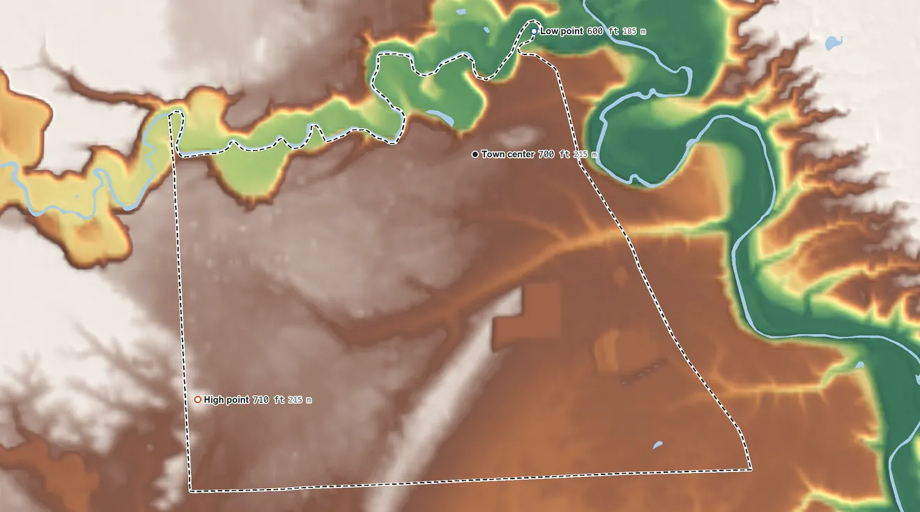 Topographic elevation map of Ruby, Michigan, shaded from 600 ft on the northeast side to 710 ft on the southwest side