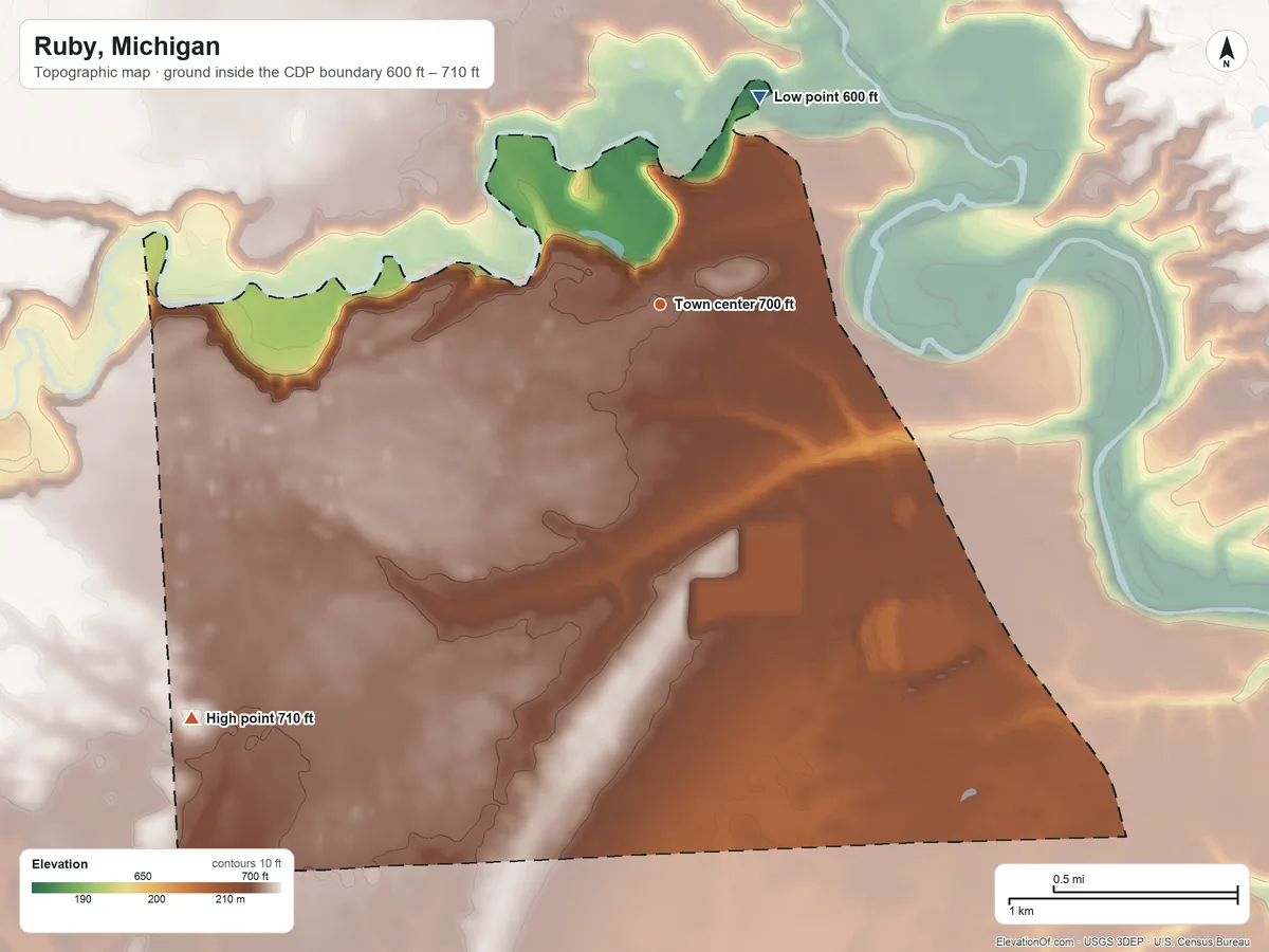 Topographic elevation map of Ruby, Michigan, shaded from 600 ft on the northeast side to 710 ft on the southwest side