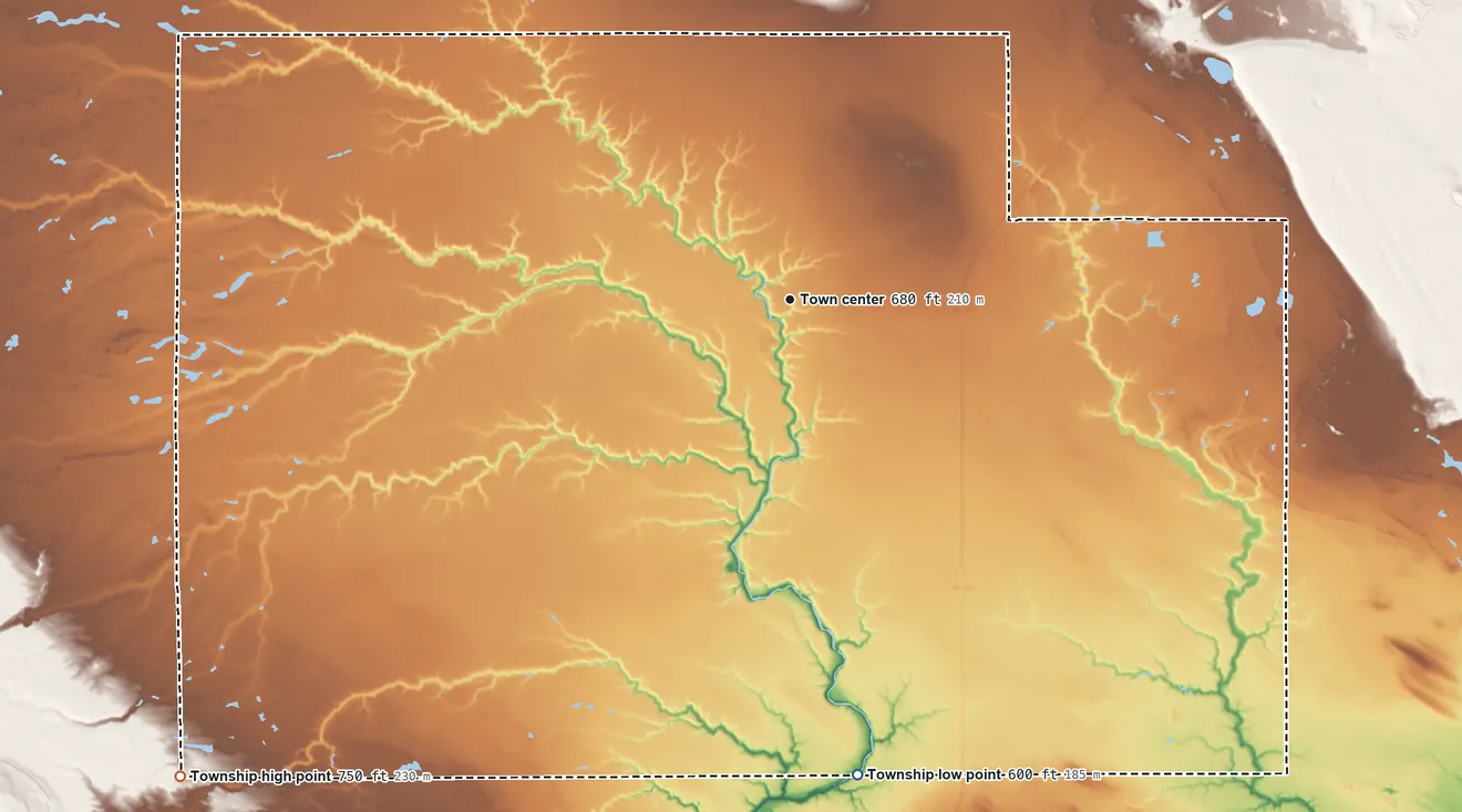 Topographic elevation map of Rudyard Township, Michigan, shaded from 600 ft on the south side to 750 ft on the southwest side