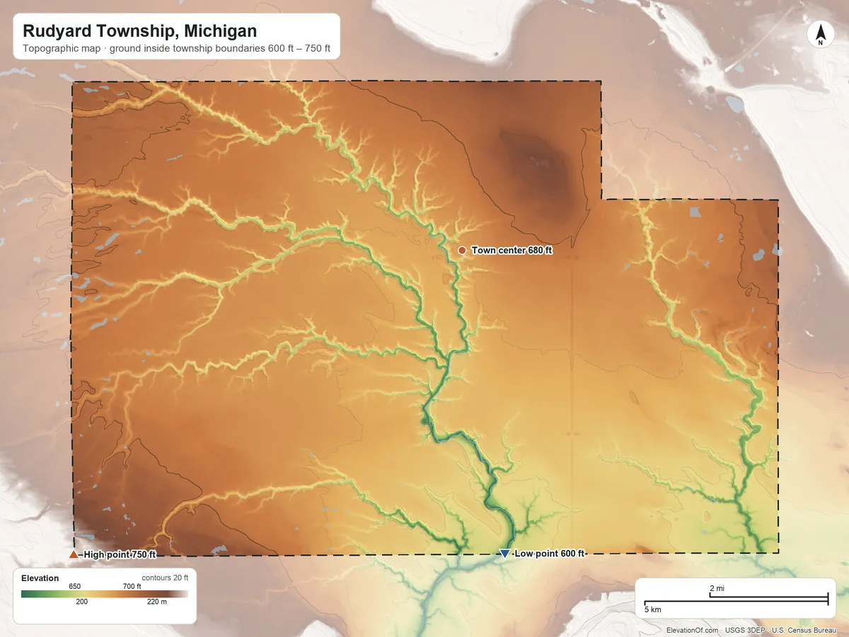 Topographic elevation map of Rudyard Township, Michigan, shaded from 600 ft on the south side to 750 ft on the southwest side
