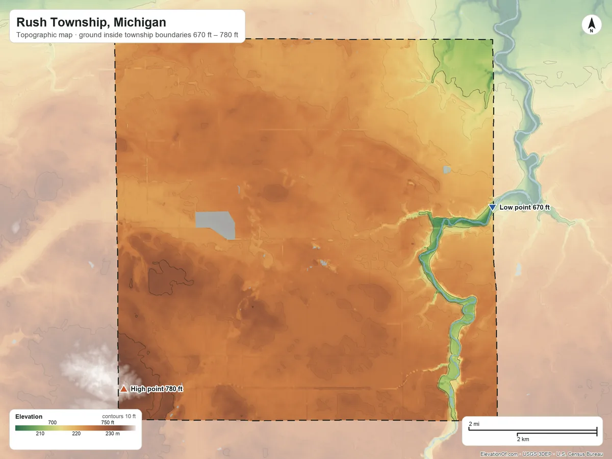 Topographic elevation map of Rush Township, Michigan, shaded from 670 ft on the northeast side to 780 ft on the southwest side