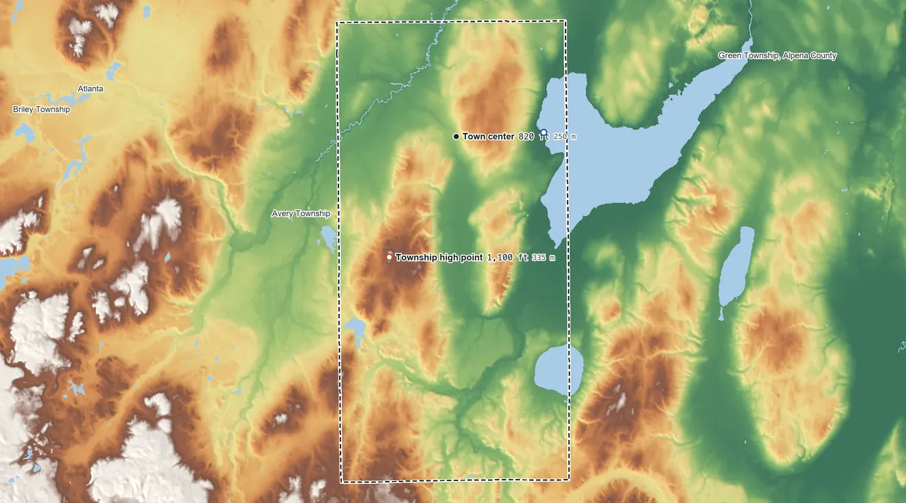 Topographic elevation map of Rust Township, Michigan, shaded from 730 ft on the east side to 1,100 ft on the southwest side