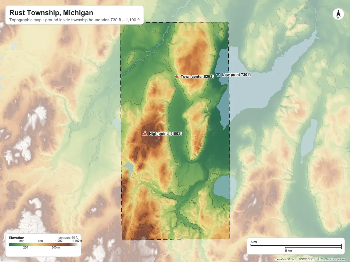 Topographic elevation map of Rust Township, Michigan, shaded from 730 ft on the east side to 1,100 ft on the southwest side