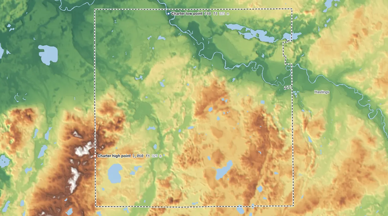 Topographic elevation map of Rutland Township, Michigan, shaded from 740 ft on the northwest side to 1,060 ft on the southwest side