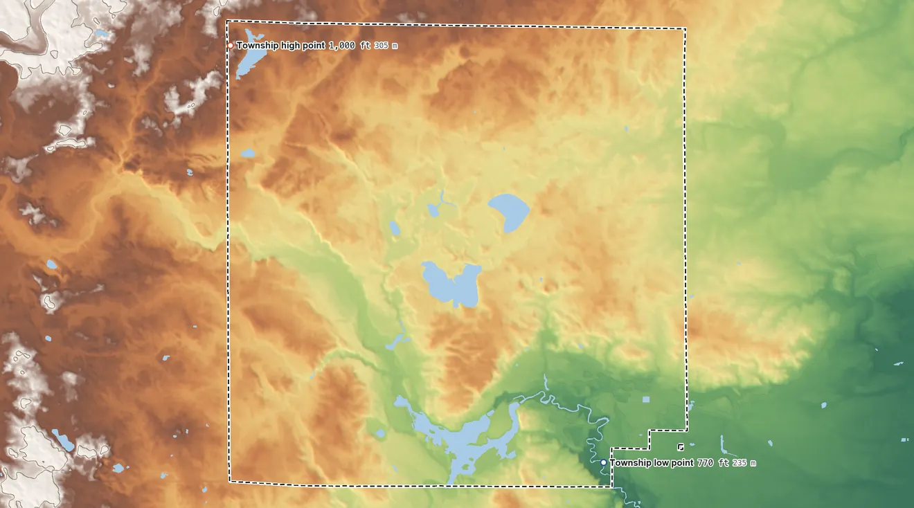 Topographic elevation map of Sage Township, Michigan, shaded from 770 ft on the southeast side to 1,000 ft on the northwest side