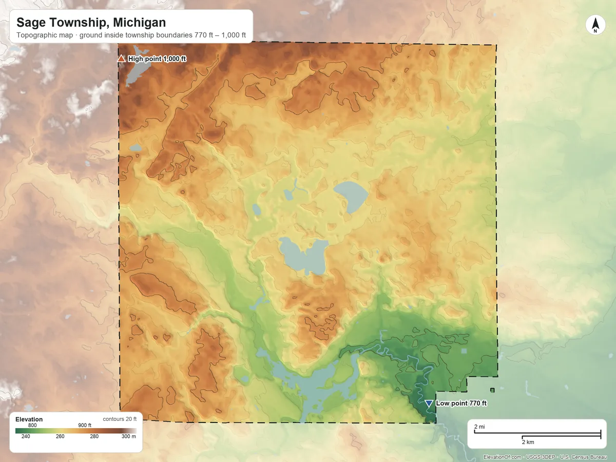 Topographic elevation map of Sage Township, Michigan, shaded from 770 ft on the southeast side to 1,000 ft on the northwest side