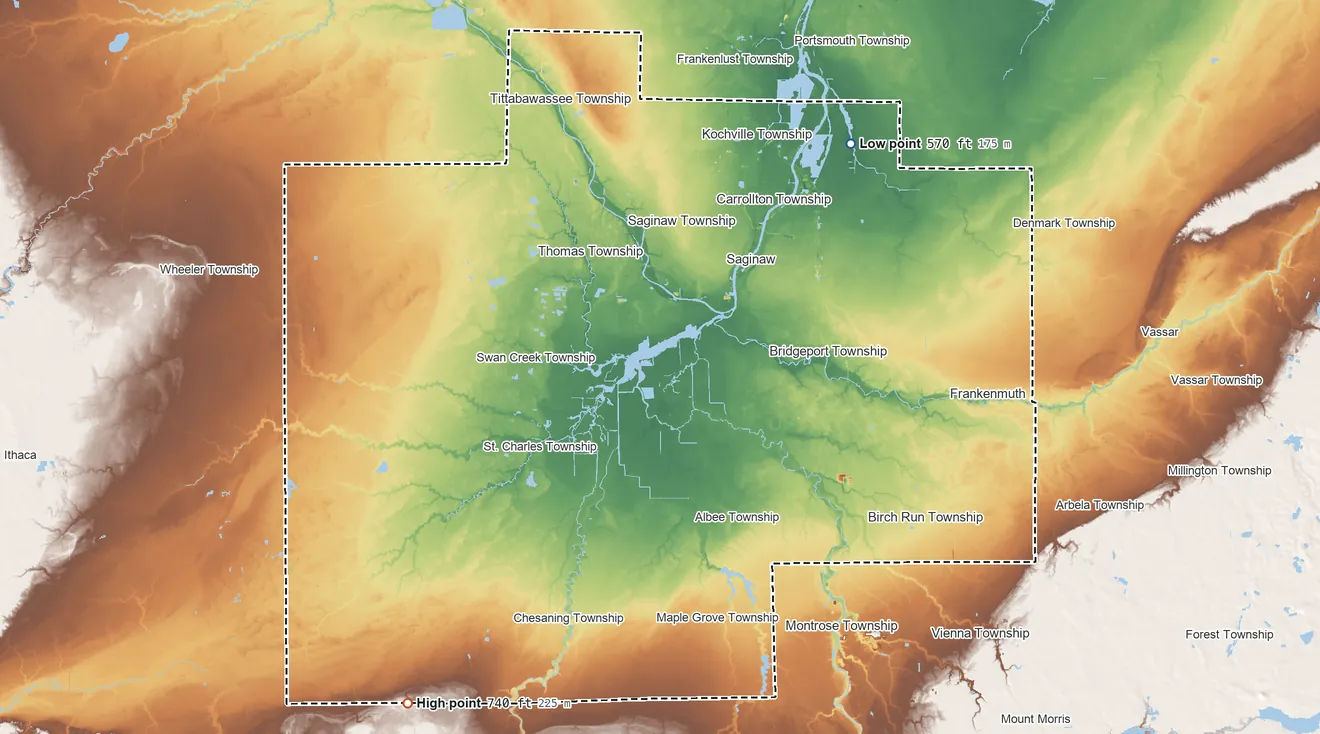 Topographic elevation map of Saginaw County, Michigan, shaded from 570 ft on the northeast side to 740 ft on the southwest side