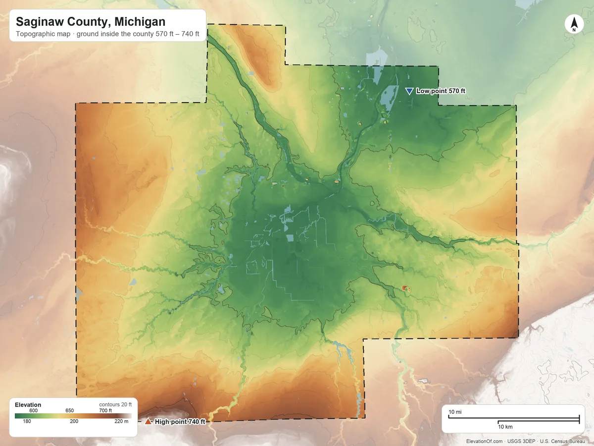Topographic elevation map of Saginaw County, Michigan, shaded from 570 ft on the northeast side to 740 ft on the southwest side
