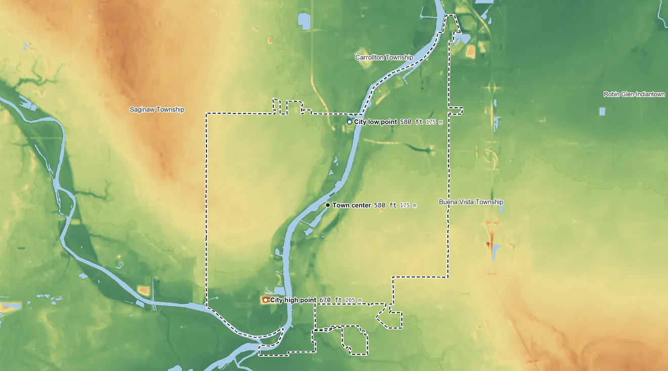 Topographic elevation map of Saginaw, Michigan, shaded from 580 ft on the north side to 670 ft on the southwest side