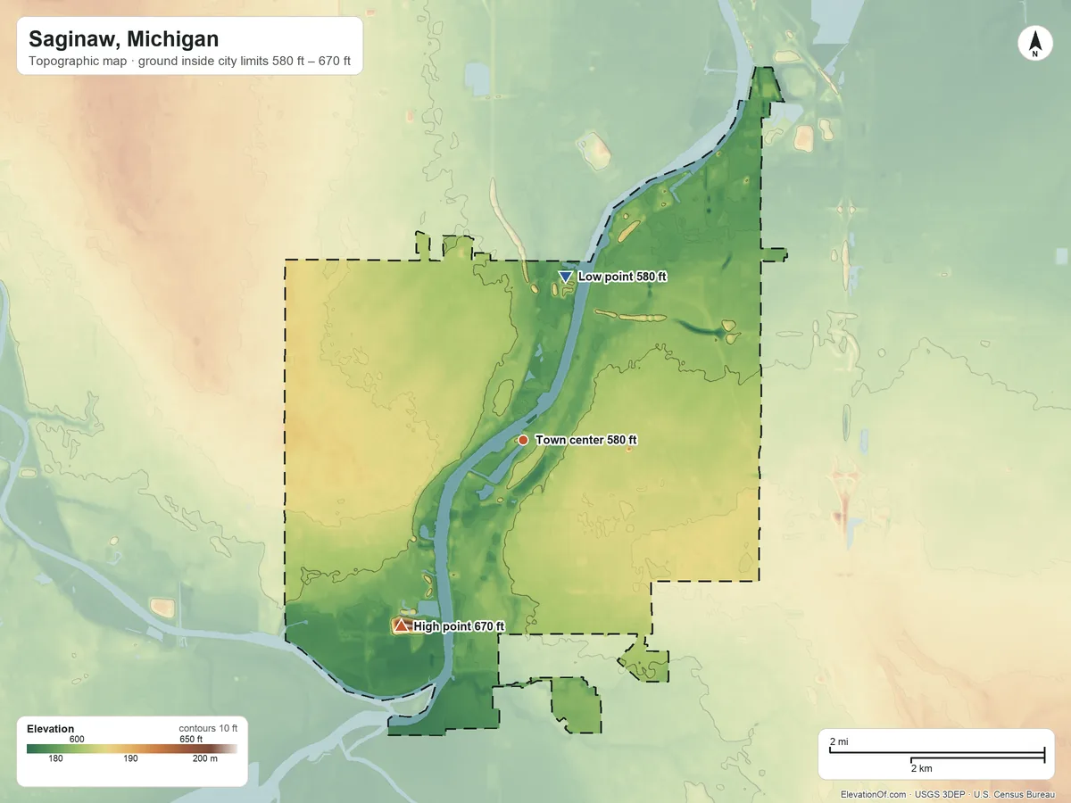 Topographic elevation map of Saginaw, Michigan, shaded from 580 ft on the north side to 670 ft on the southwest side