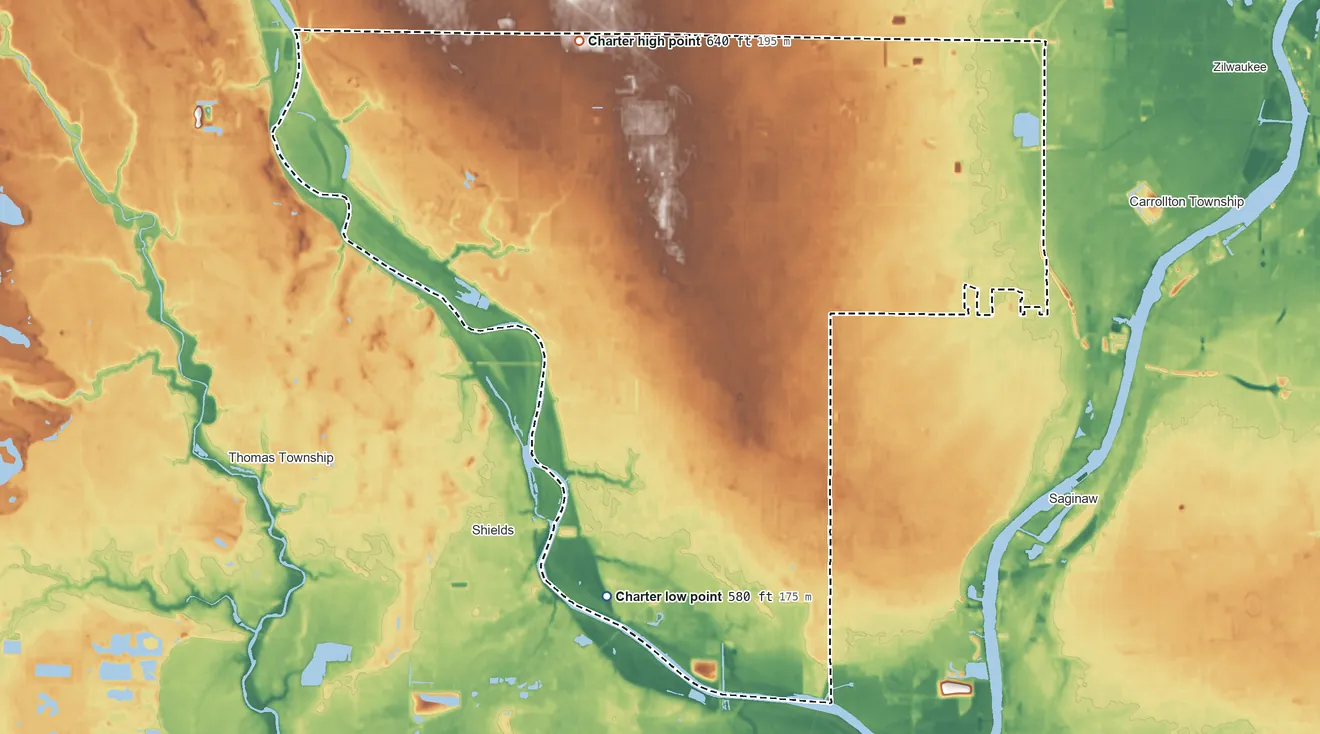 Topographic elevation map of Saginaw Township, Michigan, shaded from 580 ft on the southwest side to 640 ft on the northwest side