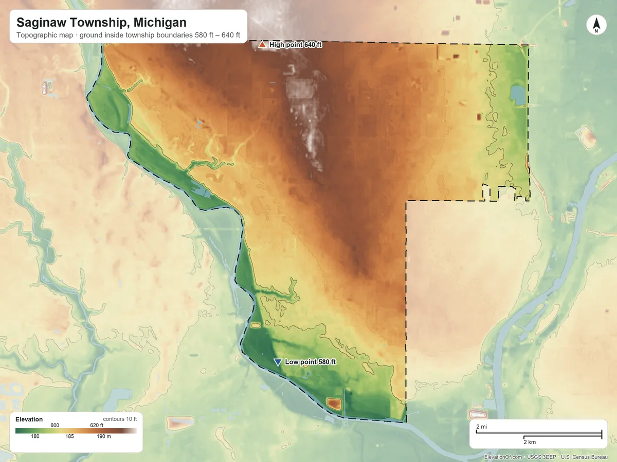 Topographic elevation map of Saginaw Township, Michigan, shaded from 580 ft on the southwest side to 640 ft on the northwest side