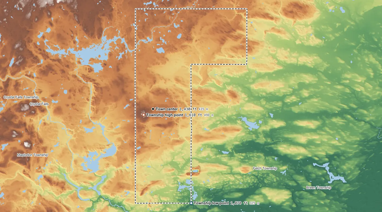 Topographic elevation map of Sagola Township, Michigan, shaded from 1,070 ft on the south side to 1,610 ft near the middle