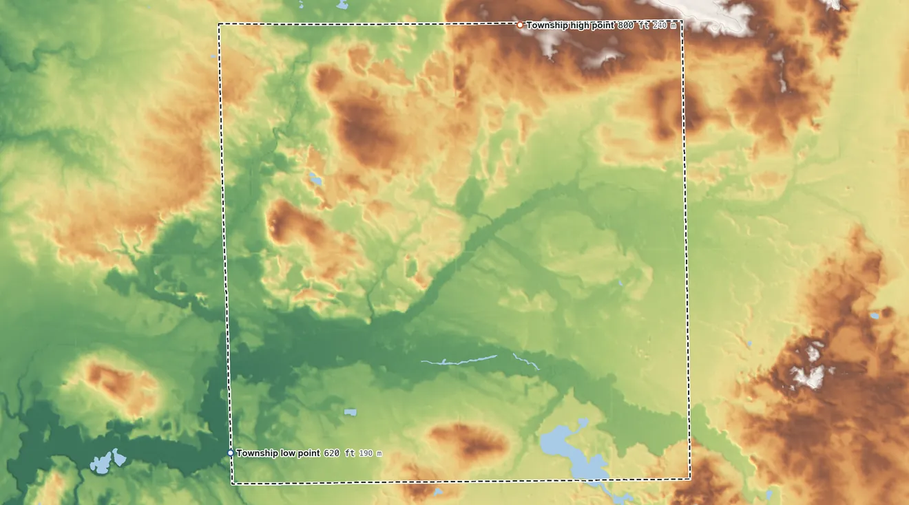 Topographic elevation map of Salem Township, Allegan County, Michigan, shaded from 620 ft on the southwest side to 800 ft on the north side
