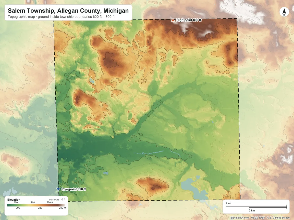 Topographic elevation map of Salem Township, Allegan County, Michigan, shaded from 620 ft on the southwest side to 800 ft on the north side
