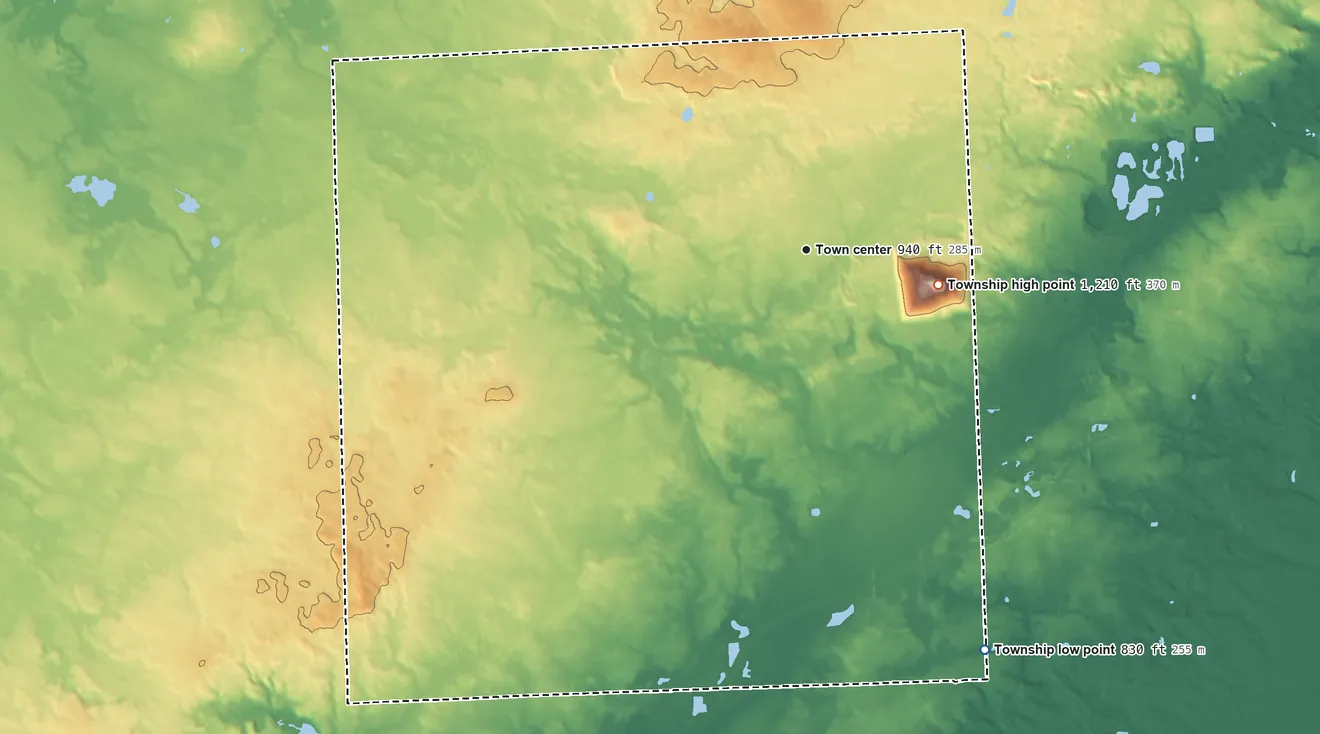 Topographic elevation map of Salem Township, Michigan, shaded from 830 ft on the southeast side to 1,210 ft on the east side