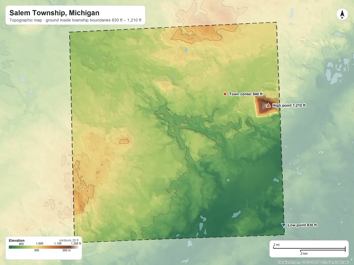 Topographic elevation map of Salem Township, Michigan, shaded from 830 ft on the southeast side to 1,210 ft on the east side